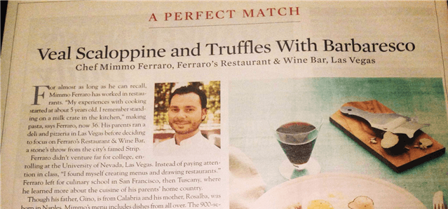CHEF MIMMO FERRARO FEATURED FOR HIS “PERFECT MATCH” IN WINE SPECTATOR MAGAZINE