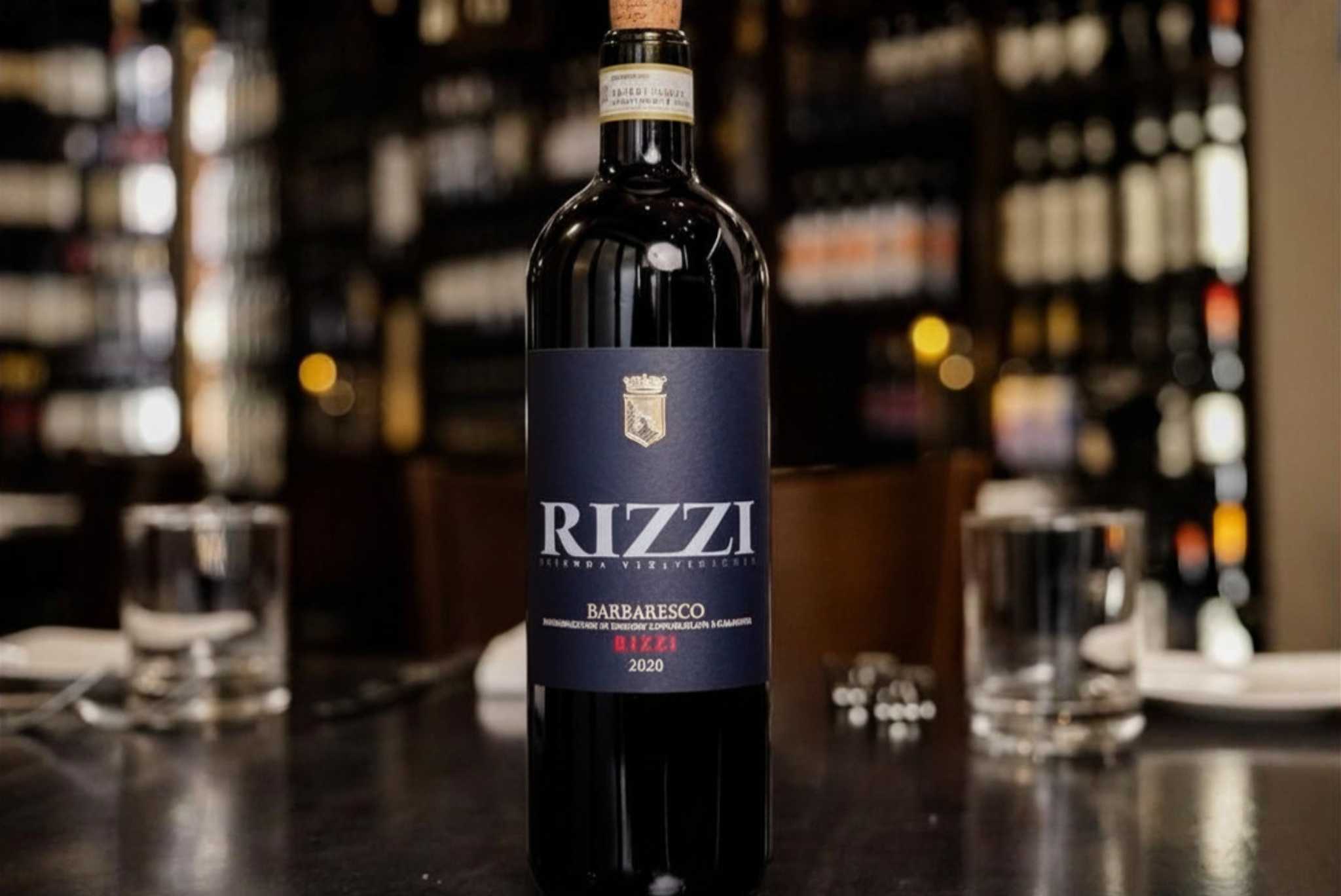 A bottle of Rizzi Barbaresco 2020 Italian red wine on a restaurant table at Ferraro's Ristorante.